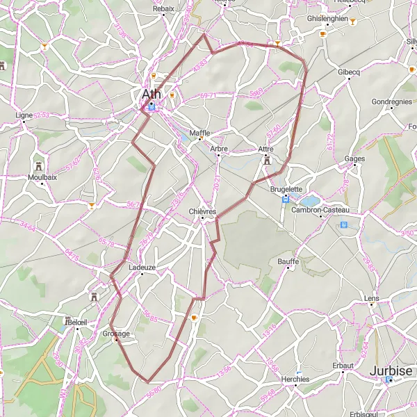 Map miniature of "The Gravel Trail to Ath" cycling inspiration in Prov. Hainaut, Belgium. Generated by Tarmacs.app cycling route planner