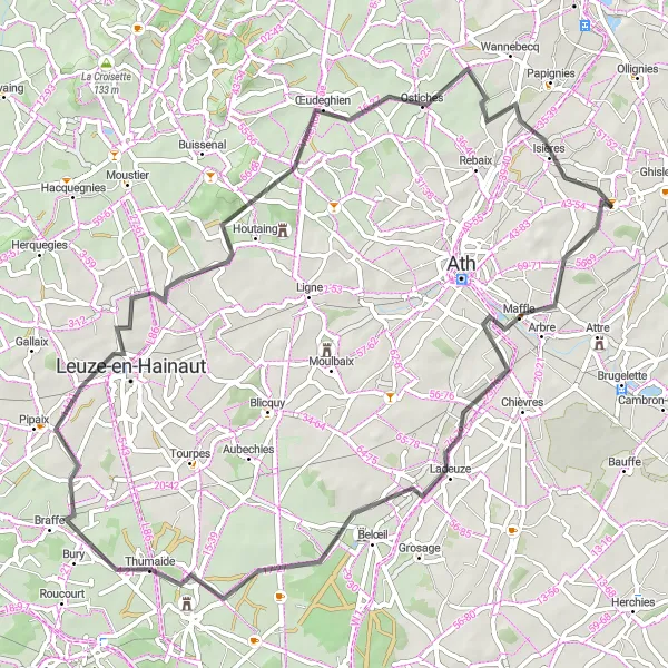 Karten-Miniaturansicht der Radinspiration "Hainaut Rundtour durch Maffle und Ostiches" in Prov. Hainaut, Belgium. Erstellt vom Tarmacs.app-Routenplaner für Radtouren