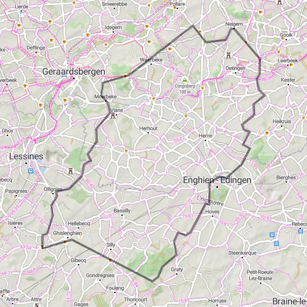 Map miniature of "Meslin-l'Évêque - Bois-de-Lessines - Bosberg - Waarbeke - Herfelingen - Enghien - Ghislenghien" cycling inspiration in Prov. Hainaut, Belgium. Generated by Tarmacs.app cycling route planner
