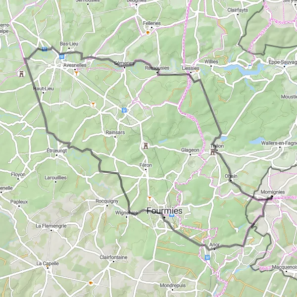Map miniature of "The Anor Circuit" cycling inspiration in Prov. Hainaut, Belgium. Generated by Tarmacs.app cycling route planner