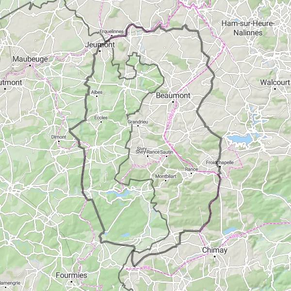 Map miniature of "The Quiévelon Challenge" cycling inspiration in Prov. Hainaut, Belgium. Generated by Tarmacs.app cycling route planner