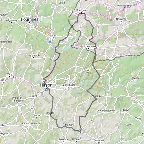 Miniatuurkaart van de fietsinspiratie "Route van Momignies naar Beauwelz" in Prov. Hainaut, Belgium. Gemaakt door de Tarmacs.app fietsrouteplanner