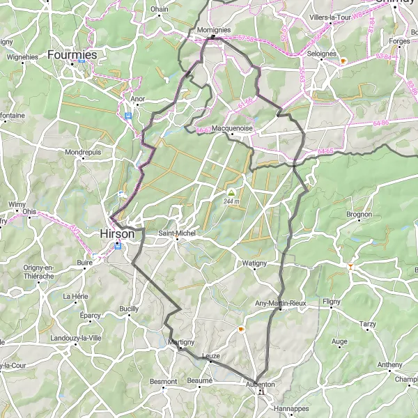 Miniature de la carte de l'inspiration cycliste "Parcours de cyclisme sur route au départ de Momignies" dans la Prov. Hainaut, Belgium. Générée par le planificateur d'itinéraire cycliste Tarmacs.app