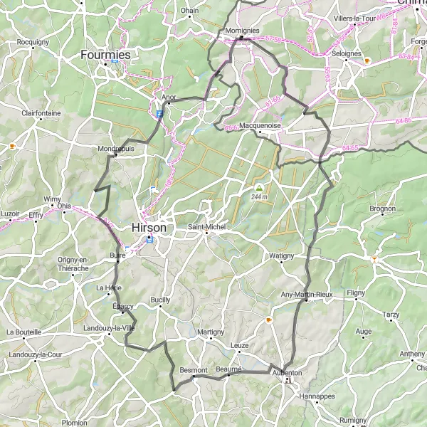 Miniatuurkaart van de fietsinspiratie "Avontuurlijke roadtrip van Momignies naar Beauwelz" in Prov. Hainaut, Belgium. Gemaakt door de Tarmacs.app fietsrouteplanner