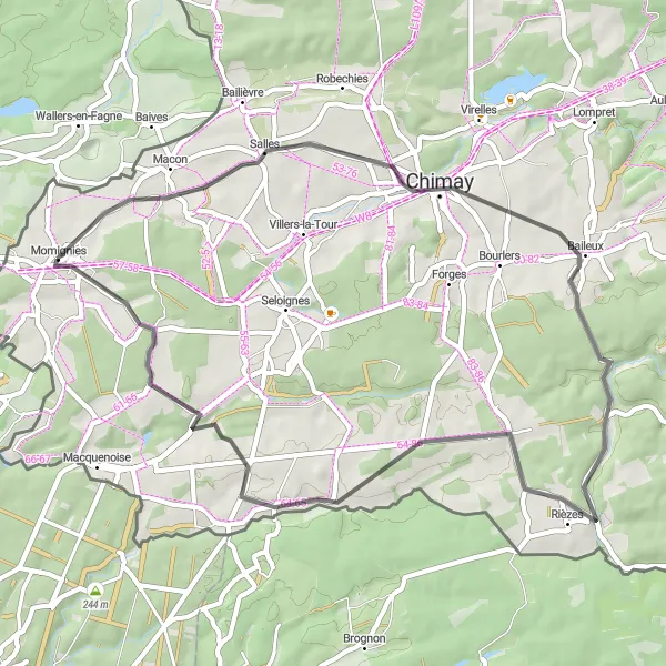 Miniatuurkaart van de fietsinspiratie "Route van Momignies naar Chimay en Rièzes" in Prov. Hainaut, Belgium. Gemaakt door de Tarmacs.app fietsrouteplanner
