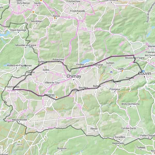 Karten-Miniaturansicht der Radinspiration "Bailièvre und Baileux Rundfahrt" in Prov. Hainaut, Belgium. Erstellt vom Tarmacs.app-Routenplaner für Radtouren