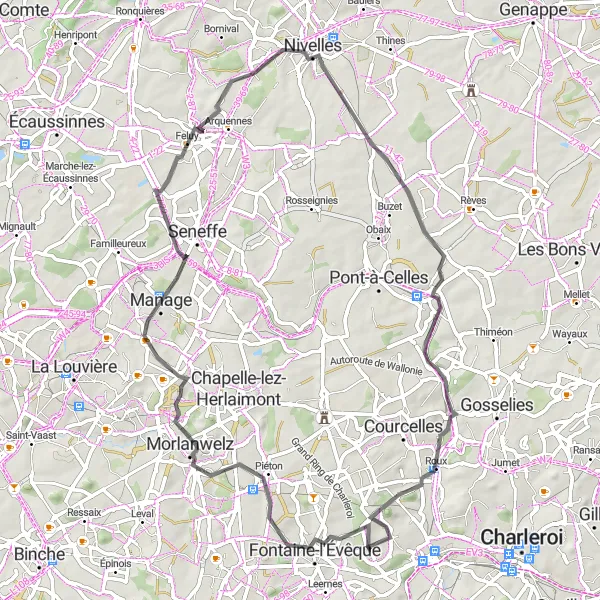 Miniatuurkaart van de fietsinspiratie "Ontdek de natuurpracht van Feluy en Roux" in Prov. Hainaut, Belgium. Gemaakt door de Tarmacs.app fietsrouteplanner