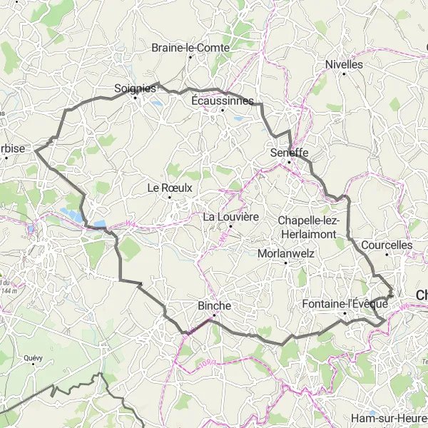 Map miniature of "Le Sambre Hike" cycling inspiration in Prov. Hainaut, Belgium. Generated by Tarmacs.app cycling route planner