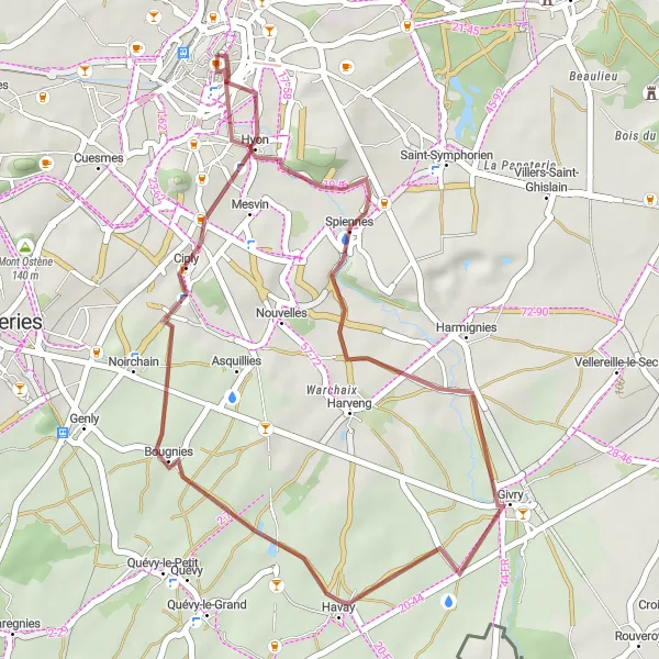 Karten-Miniaturansicht der Radinspiration "Abenteuerliche Gravel-Tour um Mons" in Prov. Hainaut, Belgium. Erstellt vom Tarmacs.app-Routenplaner für Radtouren