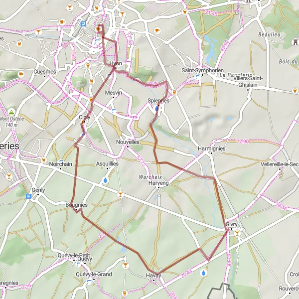 Map miniature of "Historical Gravel Route" cycling inspiration in Prov. Hainaut, Belgium. Generated by Tarmacs.app cycling route planner