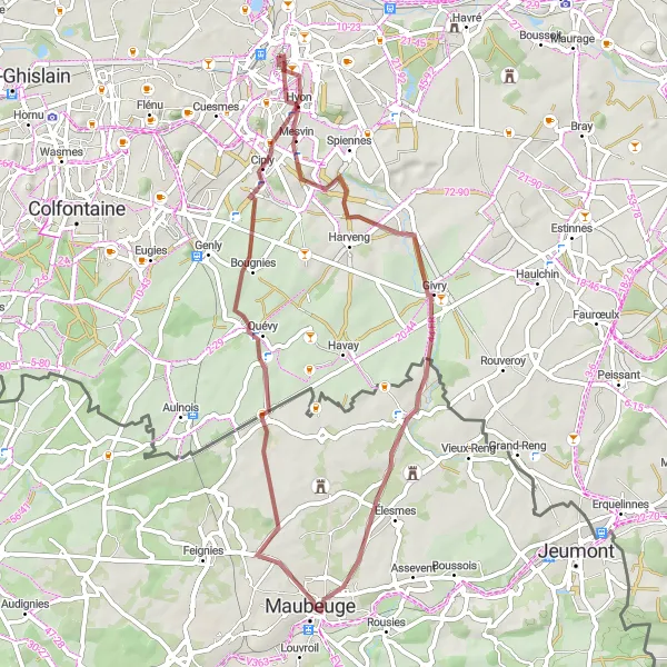 Karten-Miniaturansicht der Radinspiration "Gravelroute von Mons nach Quévy-le-Petit" in Prov. Hainaut, Belgium. Erstellt vom Tarmacs.app-Routenplaner für Radtouren