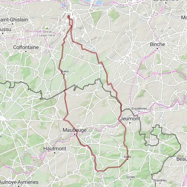 Map miniature of "Mesvin and Mons Gravel Loop" cycling inspiration in Prov. Hainaut, Belgium. Generated by Tarmacs.app cycling route planner