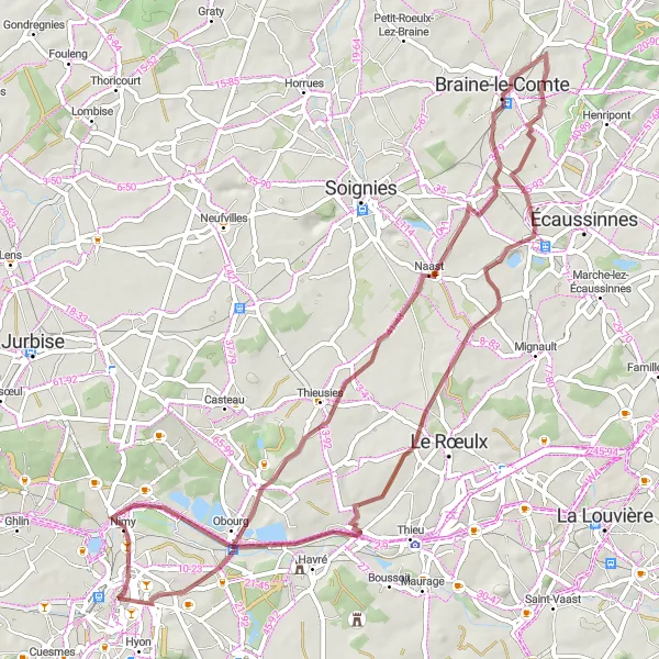 Miniatuurkaart van de fietsinspiratie "Gravel route rond Mons" in Prov. Hainaut, Belgium. Gemaakt door de Tarmacs.app fietsrouteplanner