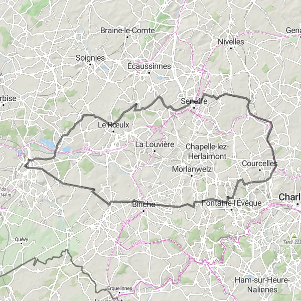 Miniature de la carte de l'inspiration cycliste "Épopée historique à vélo autour de Mons" dans la Prov. Hainaut, Belgium. Générée par le planificateur d'itinéraire cycliste Tarmacs.app