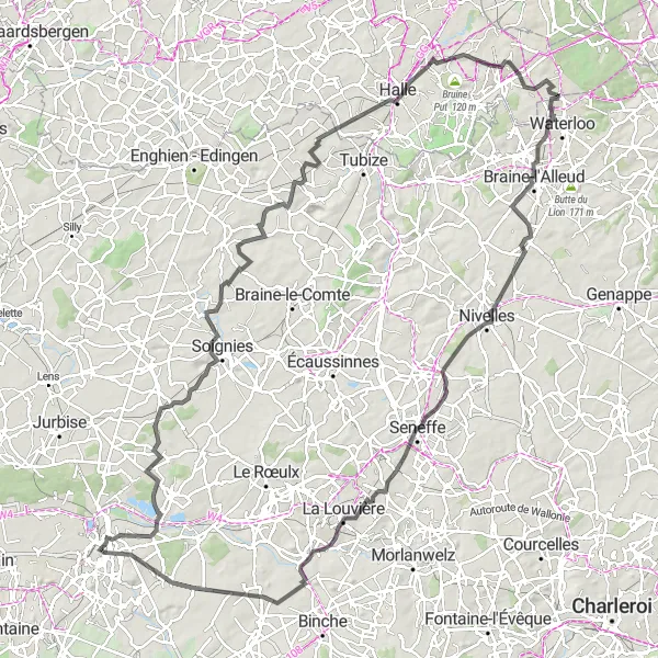 Map miniature of "Mons Hill Climbs" cycling inspiration in Prov. Hainaut, Belgium. Generated by Tarmacs.app cycling route planner