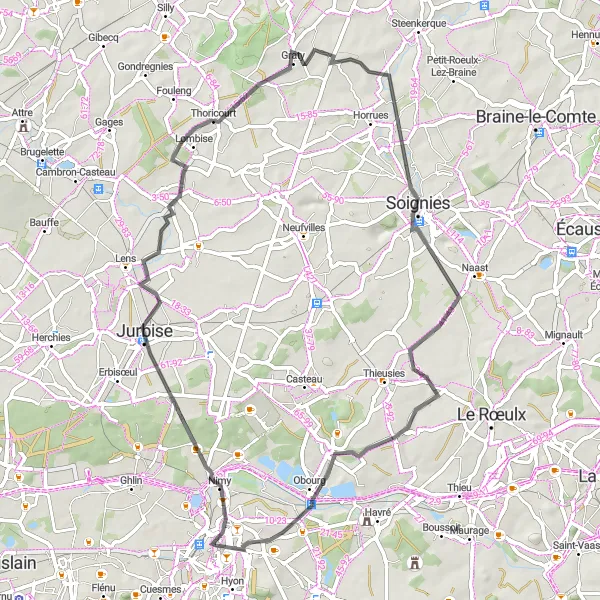 Map miniature of "The Mons Adventure" cycling inspiration in Prov. Hainaut, Belgium. Generated by Tarmacs.app cycling route planner