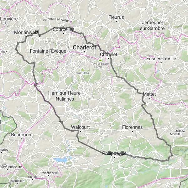 Miniatuurkaart van de fietsinspiratie "Wegroute Mont-Sainte-Aldegonde naar Leval-Trahegnies" in Prov. Hainaut, Belgium. Gemaakt door de Tarmacs.app fietsrouteplanner