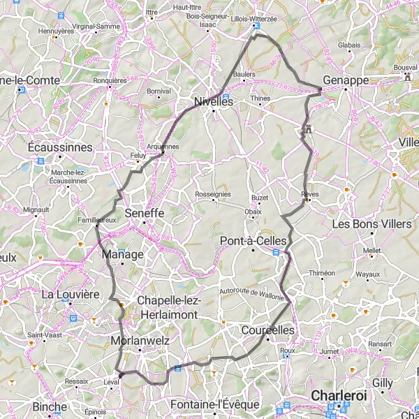 Map miniature of "Arquennes Loop" cycling inspiration in Prov. Hainaut, Belgium. Generated by Tarmacs.app cycling route planner