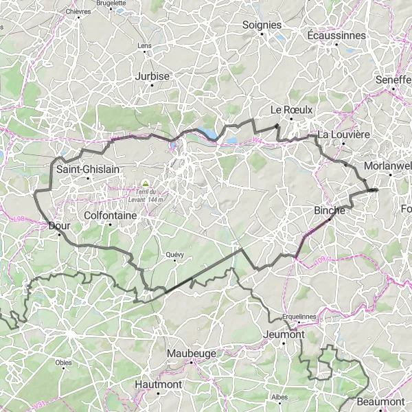 Map miniature of "Hidden Gems Tour" cycling inspiration in Prov. Hainaut, Belgium. Generated by Tarmacs.app cycling route planner