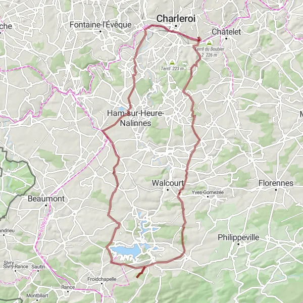 Map miniature of "Gravel Adventure: Montignies-sur-Sambre Exploration" cycling inspiration in Prov. Hainaut, Belgium. Generated by Tarmacs.app cycling route planner