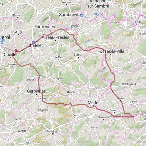 Map miniature of "Gravel Adventure: Montignies-sur-Sambre Loop" cycling inspiration in Prov. Hainaut, Belgium. Generated by Tarmacs.app cycling route planner