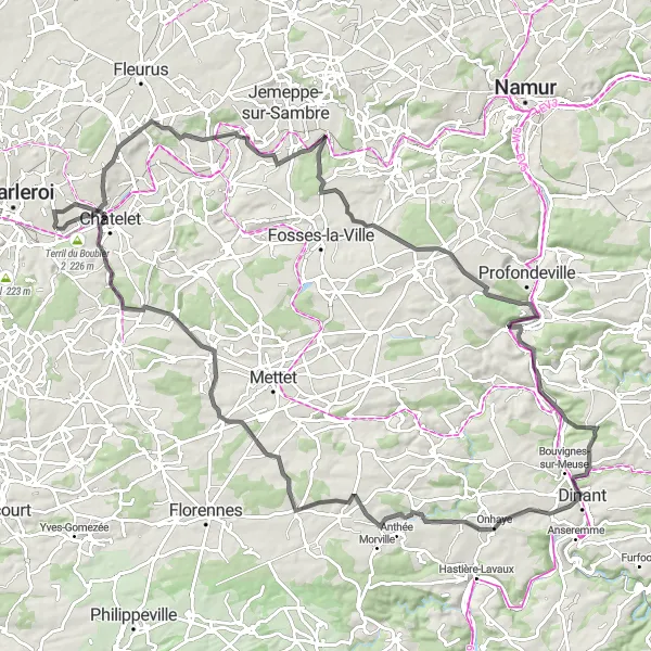 Miniature de la carte de l'inspiration cycliste "Parcours Auvelais-Rivière" dans la Prov. Hainaut, Belgium. Générée par le planificateur d'itinéraire cycliste Tarmacs.app