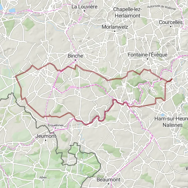 Karten-Miniaturansicht der Radinspiration "Gravel-Erkundung in der Nähe von Montigny-le-Tilleul" in Prov. Hainaut, Belgium. Erstellt vom Tarmacs.app-Routenplaner für Radtouren