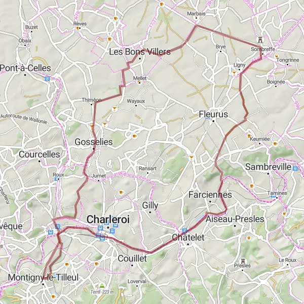 Miniature de la carte de l'inspiration cycliste "Randonnée Gravel du Sud-Hainaut" dans la Prov. Hainaut, Belgium. Générée par le planificateur d'itinéraire cycliste Tarmacs.app