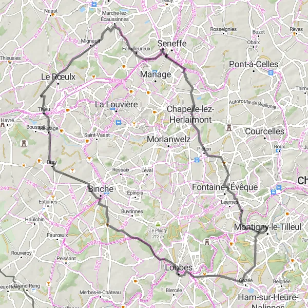 Miniature de la carte de l'inspiration cycliste "Parcours Route Lobbes-Binche" dans la Prov. Hainaut, Belgium. Générée par le planificateur d'itinéraire cycliste Tarmacs.app