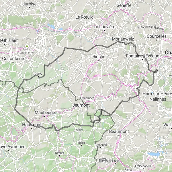 Map miniature of "Road Cycling Route: Montigny-le-Tilleul Grand Tour with Terril Sainte-Marie and Harmignies" cycling inspiration in Prov. Hainaut, Belgium. Generated by Tarmacs.app cycling route planner