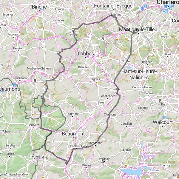 Karten-Miniaturansicht der Radinspiration "Rundtour durch Thuillies und Landelies" in Prov. Hainaut, Belgium. Erstellt vom Tarmacs.app-Routenplaner für Radtouren