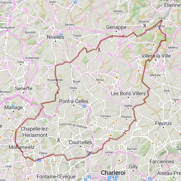 Miniatuurkaart van de fietsinspiratie "Gravelroute vanuit Morlanwelz-Mariemont naar Carnières" in Prov. Hainaut, Belgium. Gemaakt door de Tarmacs.app fietsrouteplanner