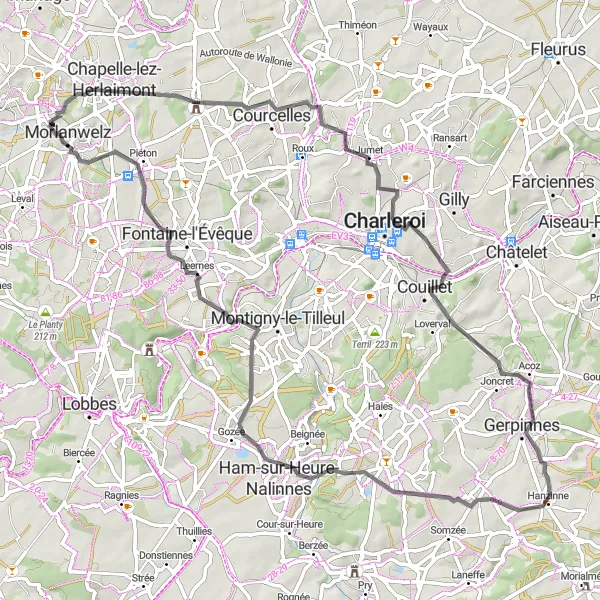 Karten-Miniaturansicht der Radinspiration "Hainaut Hügeliges Abenteuer" in Prov. Hainaut, Belgium. Erstellt vom Tarmacs.app-Routenplaner für Radtouren