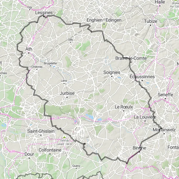 Karten-Miniaturansicht der Radinspiration "Große Tour durch Hainaut" in Prov. Hainaut, Belgium. Erstellt vom Tarmacs.app-Routenplaner für Radtouren