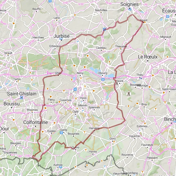 Miniature de la carte de l'inspiration cycliste "Circuit Gravel de Naast à Cognebeau" dans la Prov. Hainaut, Belgium. Générée par le planificateur d'itinéraire cycliste Tarmacs.app