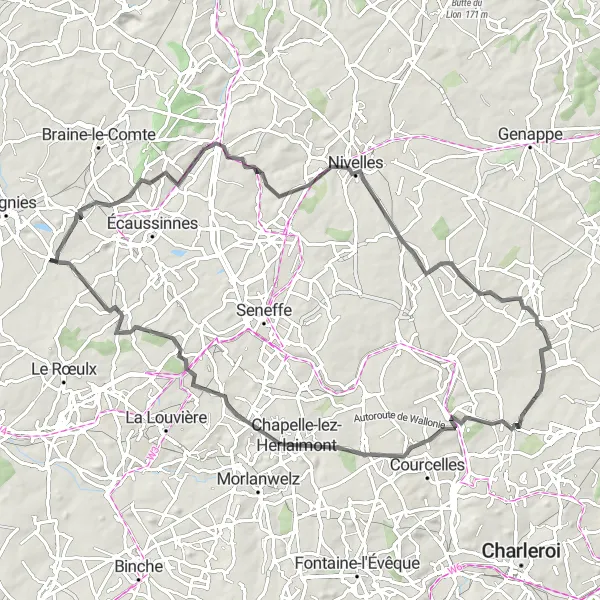 Miniature de la carte de l'inspiration cycliste "Tour de charme de Hainaut" dans la Prov. Hainaut, Belgium. Générée par le planificateur d'itinéraire cycliste Tarmacs.app