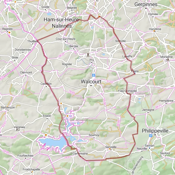 Map miniature of "Gravel Adventure through Somzée and Castillon" cycling inspiration in Prov. Hainaut, Belgium. Generated by Tarmacs.app cycling route planner