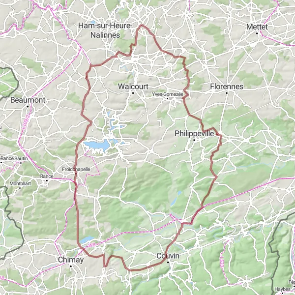 Karten-Miniaturansicht der Radinspiration "Graveltour von Nalinnes nach Berzée" in Prov. Hainaut, Belgium. Erstellt vom Tarmacs.app-Routenplaner für Radtouren