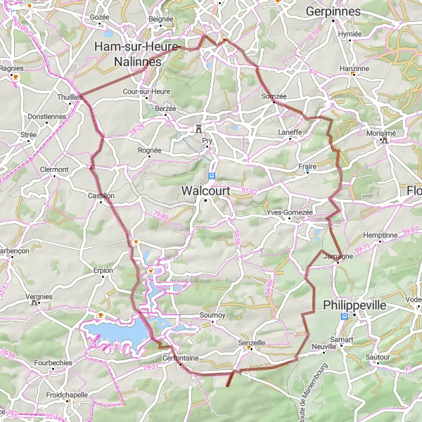 Miniatuurkaart van de fietsinspiratie "Somzée-Castillon Gravelroute" in Prov. Hainaut, Belgium. Gemaakt door de Tarmacs.app fietsrouteplanner