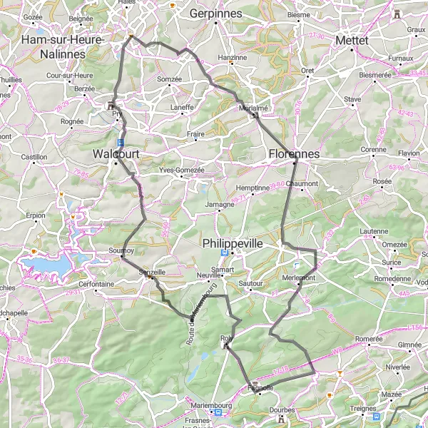 Miniatuurkaart van de fietsinspiratie "Nalinnes-Walcourt Route" in Prov. Hainaut, Belgium. Gemaakt door de Tarmacs.app fietsrouteplanner