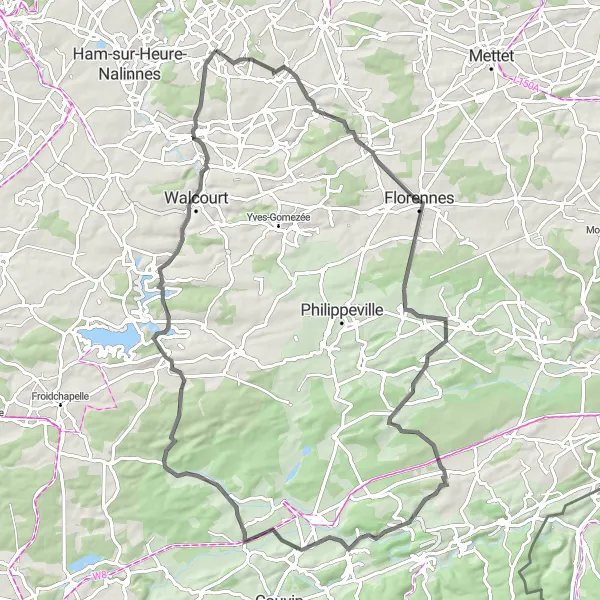 Map miniature of "Nalinnes - Florennes - Dourbes - Cerfontaine - Nalinnes" cycling inspiration in Prov. Hainaut, Belgium. Generated by Tarmacs.app cycling route planner