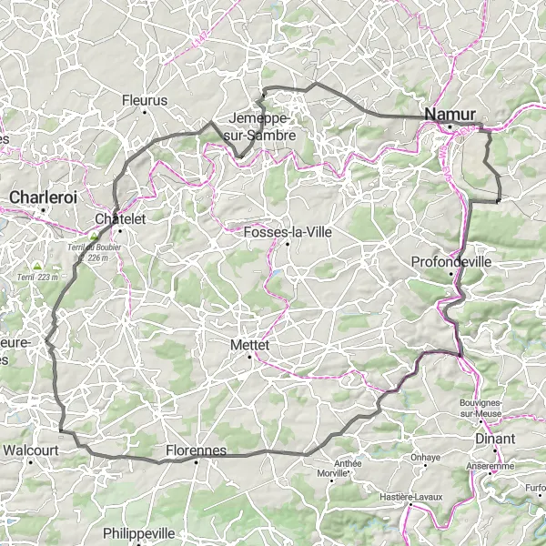 Map miniature of "Hill Climbs and Historic Sights: Châtelineau to Fairoul" cycling inspiration in Prov. Hainaut, Belgium. Generated by Tarmacs.app cycling route planner