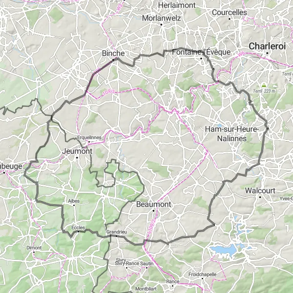 Karten-Miniaturansicht der Radinspiration "Rundfahrt von Nalinnes nach Jamioulx" in Prov. Hainaut, Belgium. Erstellt vom Tarmacs.app-Routenplaner für Radtouren