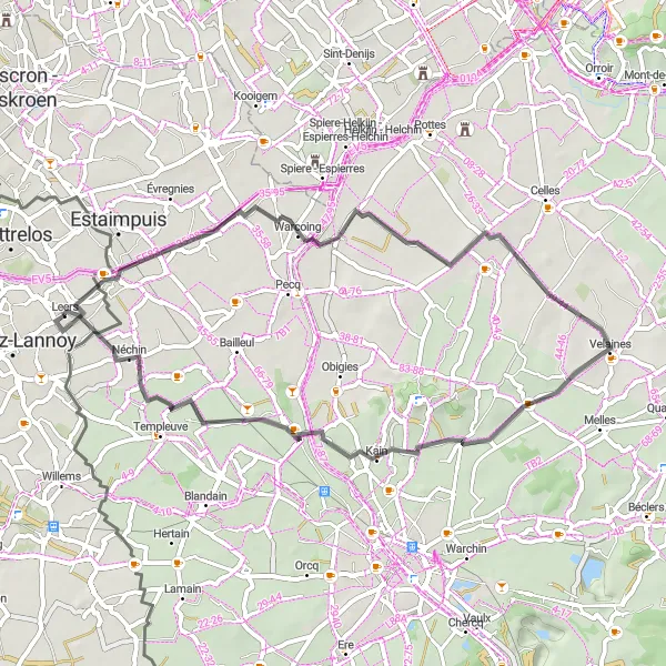 Karten-Miniaturansicht der Radinspiration "Rundweg von Hérinnes nach Néchin" in Prov. Hainaut, Belgium. Erstellt vom Tarmacs.app-Routenplaner für Radtouren