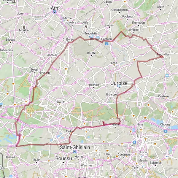 Map miniature of "Neufvilles: Masnuy-Saint-Jean-Ghlin-Harchies-Cambron-Casteau-Louvignies Gravel Adventure" cycling inspiration in Prov. Hainaut, Belgium. Generated by Tarmacs.app cycling route planner