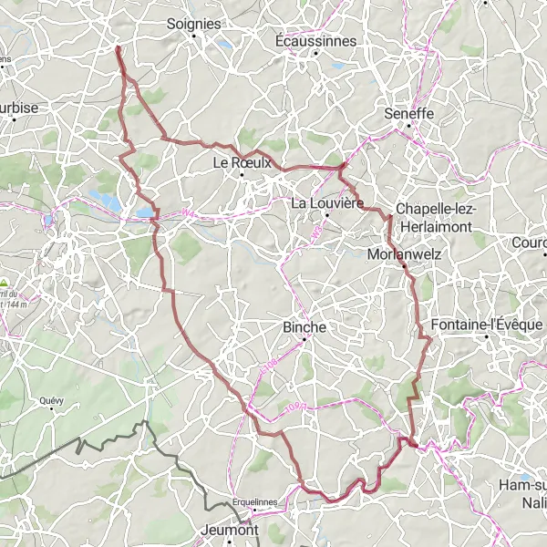 Map miniature of "Neufvilles: Thieusies-Carnières-Labuissière-Faurœulx-Villers-Saint-Ghislain-Casteau Circuit" cycling inspiration in Prov. Hainaut, Belgium. Generated by Tarmacs.app cycling route planner