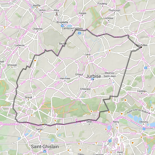 Miniatuurkaart van de fietsinspiratie "Route vanuit Neufvilles naar Masnuy-Saint-Pierre en Louvignies" in Prov. Hainaut, Belgium. Gemaakt door de Tarmacs.app fietsrouteplanner