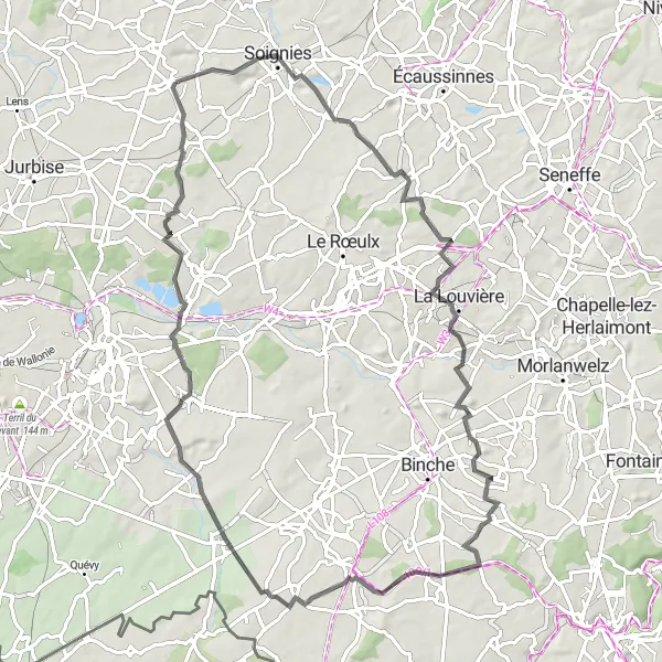 Map miniature of "Neufvilles: Mignault-Terril Sainte-Marie-Haine-Saint-Paul-Buvrinnes-Harmignies-Obourg Road Trip" cycling inspiration in Prov. Hainaut, Belgium. Generated by Tarmacs.app cycling route planner