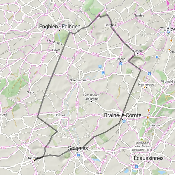 Map miniature of "Neufvilles - Hoves - Wisbecq - Soignies" cycling inspiration in Prov. Hainaut, Belgium. Generated by Tarmacs.app cycling route planner