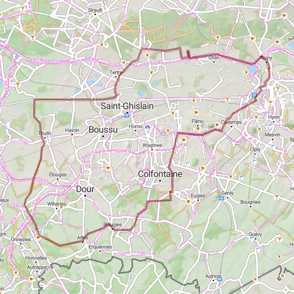 Karten-Miniaturansicht der Radinspiration "Gravelabenteuer ab Nimy" in Prov. Hainaut, Belgium. Erstellt vom Tarmacs.app-Routenplaner für Radtouren